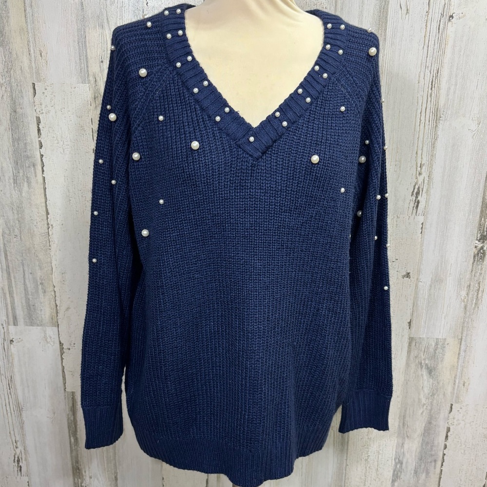 Encuentro Navy Blue Pearl-Embellished V-Neck Sweater‎